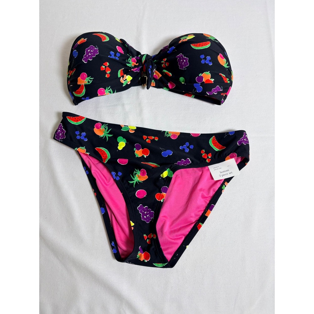 Kate Spade Fruit Print Bikini Set Large Black Bandeau Strapless Swim beach